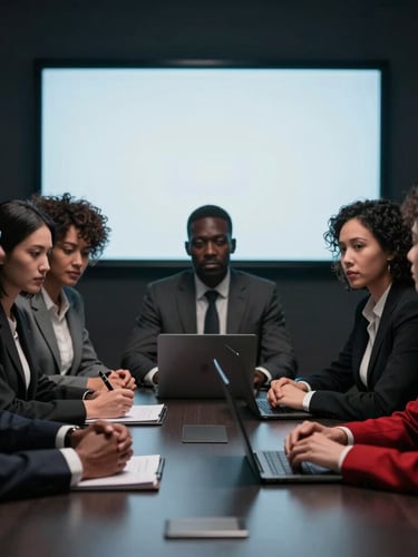 Dramatic corporate photography, high-contrast. A diverse boardroom meeting with African American, Asian, and female executives in intense, focused discussion around a dark table, cool screen glow, moody charcoal and crimson tones, shallow depth of field, 35mm.