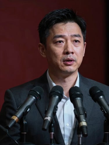 Dramatic close-up of a focused corporate spokesperson speaking into a cluster of microphones, high-contrast cool screen-glow lighting, shallow depth of field, 35mm