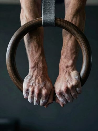 Close-up of chalked hands gripping a dark wooden gymnastic ring, soft side lighting, moody dark background, shallow depth of field.
