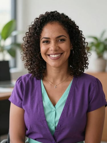 Warm editorial portrait of a Brazilian female mentor smiling naturally, soft natural daylight, office environment with plants, shallow depth of field, authentic human connection