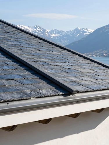 Architectural close-up of a premium slate roof under crisp alpine daylight, clean geometric lines, Geneva lake visible in the distant background, 35mm lens