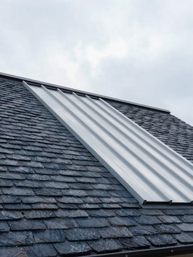 Architectural photography of a perfectly aligned slate roof with custom zinc work, sharp lines against a soft overcast Geneva sky, high-end Swiss design style, 35mm lens.