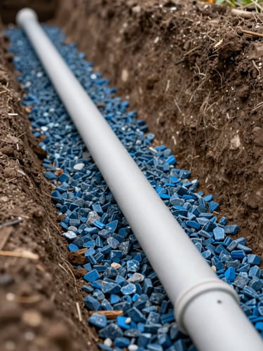 Close-up of a clean, laser-leveled trench with high-quality PVC drainage pipe laid on a neat bed of blue metal gravel, Gippsland soil visible on the trench walls.