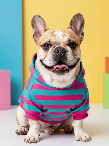 A happy French Bulldog wearing a colorful handmade teal and magenta striped hoodie, sitting proudly in a bright studio with high-key lighting, 50mm lens