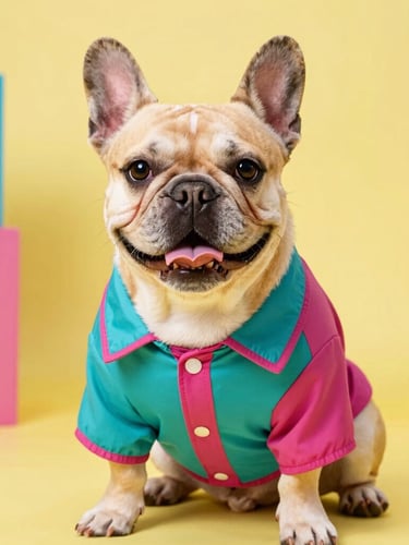 Vibrant studio photography of a happy French Bulldog wearing a custom-tailored colorful teal and magenta shirt, looking proudly at the camera, bright high-key lighting, solid soft yellow background, sharp focus.