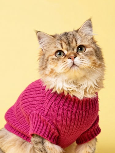 Vibrant studio portrait of a fluffy Persian cat wearing a cozy knitted magenta sweater, looking curious, bright daylight, soft yellow background