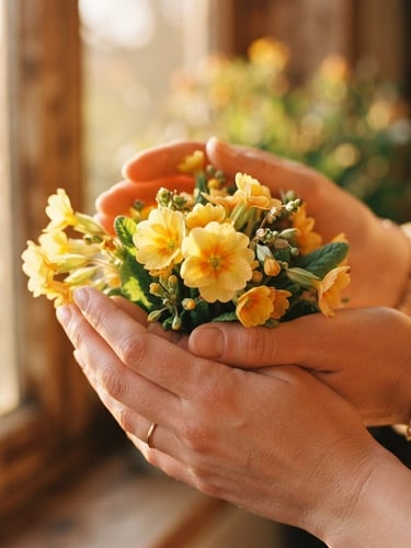 Close-up of hands gently holding fresh primrose flowers under warm golden-hour window light, rich saturated botanical tones, shallow depth of field, 35mm film
