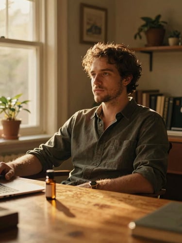 Warm editorial portrait of a relaxed man in a sunlit home office, a small amber bottle of essential oil on the wooden desk, golden hour glow.