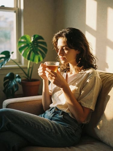 Portrait of a serene woman sitting in a cozy sunlit living room corner, holding a cup of tea, warm golden-hour light, 35mm film.
