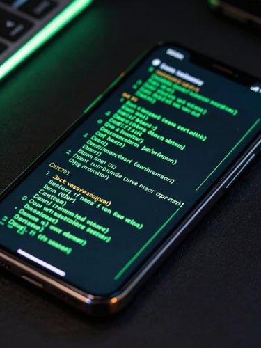 Macro top-down view of a physical mobile flagship screen showing clean terminal code and glowing green vector wireframes in a dark room, high-contrast neon accents