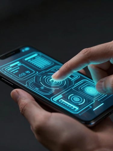 Macro photograph of a hand interacting with a dark mobile screen, electric cyan vector UI wireframes glowing under high-contrast studio lighting