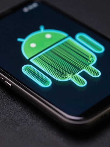 Extreme macro close-up of a physical Android flagship screen displaying glowing cyan and green vector wireframes in a dark room, high contrast, sharp focus on tactile UI elements.
