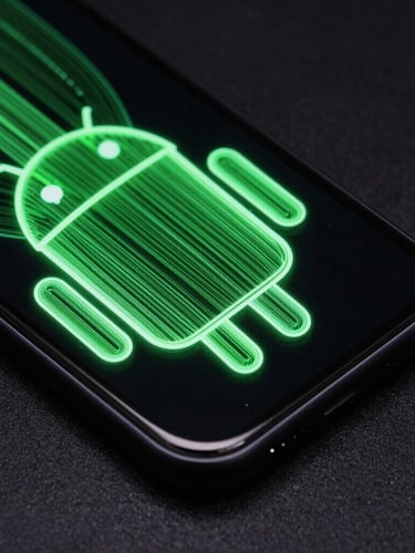 Extreme macro overhead shot of physical Android flagship screen displaying glowing green vector wireframes and fluid 120Hz interface transitions, high contrast dark environment.