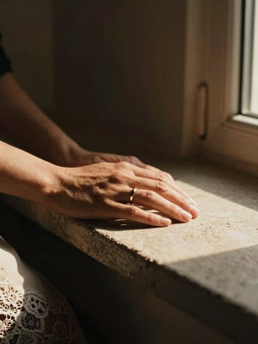 Close-up environmental study: a pair of hands resting on the edge of a stone windowsill, an heirloom ring catching directional late-afternoon gold light, the interior room behind them rendered in warm shadow — lace fabric edge visible at the lower corner, no faces, architectural texture of the sill prominent, film-influenced contrast with luminous skin tones against near-black background