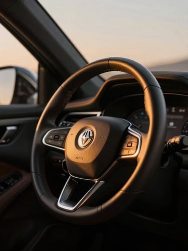 Close-up detail of a premium luxury vehicle steering wheel and dashboard, warm gold interior lighting, dark charcoal leather, cinematic 35mm