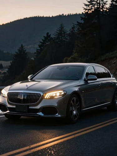 Cinematic automotive photography of a luxury sedan on a scenic Oregon highway at twilight, golden hour reflections, shallow depth of field, 35mm