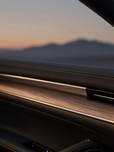 Close-up detail of a modern luxury vehicle interior, polished leather and gold stitching under dramatic low-key studio lighting