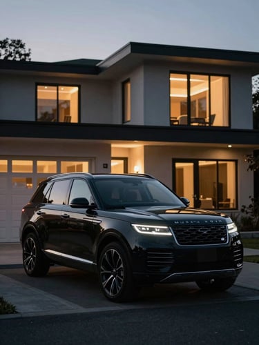 Cinematic twilight shot of a modern luxury SUV parked in front of a contemporary architectural home in Eugene, soft ambient lighting, high-end corporate aesthetic