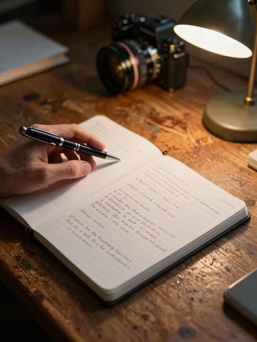 Close documentary shot of a worn wooden desk surface — a hand resting beside an open notebook filled with handwritten session notes, a pen mid-rest, warm tungsten lamp light from the upper right, shallow depth of field, no faces visible, evidence of sustained real work