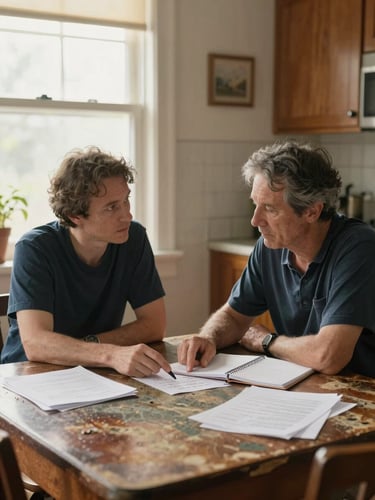 Close wide shot of two adults seated at a worn kitchen table under warm morning window light, papers and a notebook spread between them, one person pointing to a handwritten note while the other listens — inhabited and unposed, no eye contact with camera