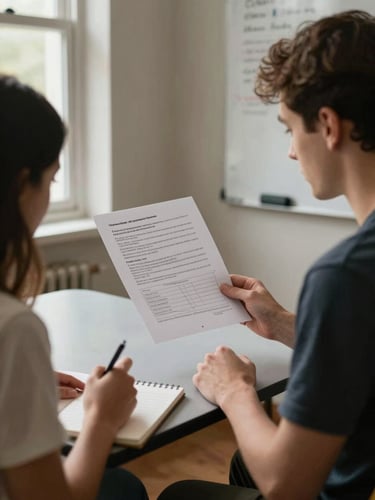Two people seated across a small table in a quiet room, one person holding a printed one-page document while the other takes notes in a notebook, warm natural light from a side window, a whiteboard with written notes partially visible in the background, candid and focused, no posed smiling