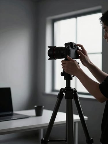 A photographer working in a minimalist studio, adjusting a camera on a heavy tripod, moody directional window light, deep shadows, clean workspace.