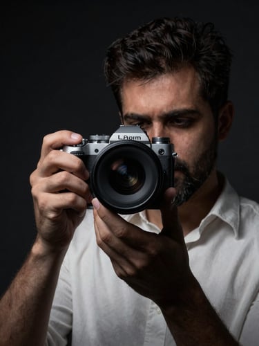 Environmental portrait of Asad in a dark, moody studio setup holding a disassembled camera lens, high-contrast directional studio lighting, deep shadows, 35mm lens