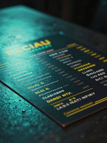 A tight, dynamic macro photograph of a neon-lit local restaurant menu on a textured dark table, electric teal reflections, high contrast shadows
