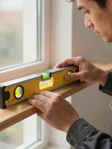 Close-up of a handyman's hands wearing a clean branded shirt, precisely leveling a wooden shelf with a spirit level, warm daylight coming from a nearby window.