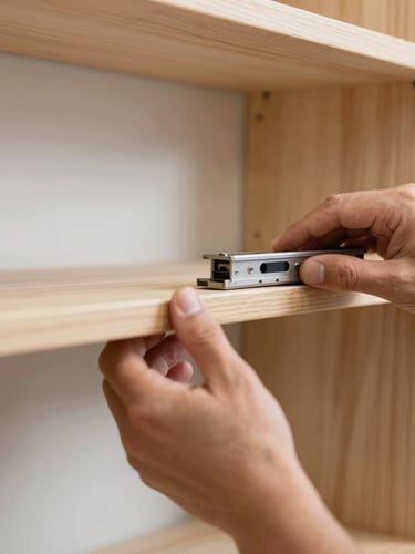 Close-up detail of a professional technician's hands leveling a wooden shelf, bright natural Nevada daylight, clean and precise.