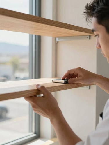 Close-up of a professional technician's hands in a clean branded shirt carefully leveling a wooden shelf, bright Nevada daylight pouring through a nearby window, clean and focused composition.