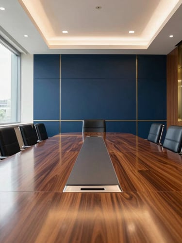 Wide-angle architectural shot of a pristine corporate boardroom, natural daylight streaming through large windows, sharp reflections on a polished mahogany table, deep navy and gold accents in the decor.