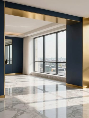 A bright, natural daylight shot of a modern luxury apartment interior, clean lines, polished marble floors reflecting soft golden sunlight, minimalist styling with deep navy and gold accents, architectural framing.