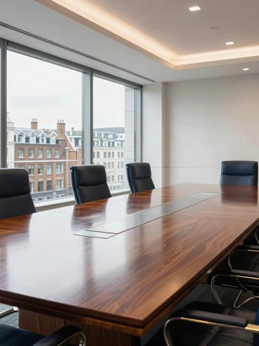 A wide architectural shot of a pristine corporate boardroom, large mahogany table reflecting soft light, large windows overlooking London, perfectly arranged leather chairs, clean dust-free surfaces.