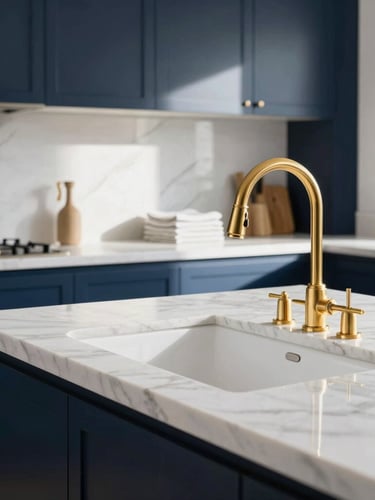 Elegant vertical portrait of a pristine, sunlit luxury kitchen with white marble countertops, gold faucets, and neatly folded linens in the background, sharp focus, architectural lens