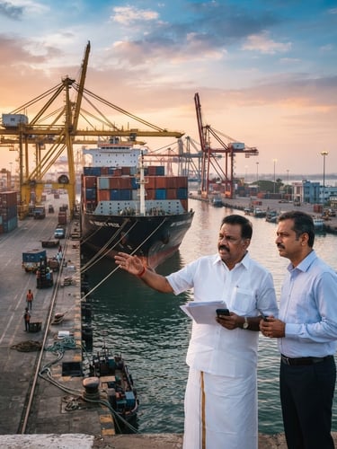 Wide panoramic view of Thoothukudi port at dawn, commercial cargo ship docked, industrial cranes in the background, bright natural daylight, rich corporate tones, shallow depth of field.