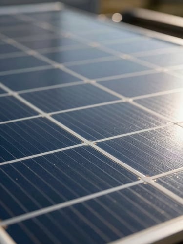 Extreme close-up of a heavy-duty monocrystalline solar cell, highlighting the metallic grid lines and technical precision under direct midday sunlight.