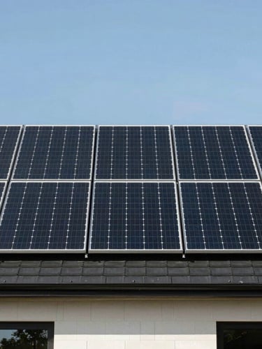 Architectural straight-on elevation of a modern home roof with clean black monocrystalline solar panels under harsh direct midday sun, sharp structural lines.