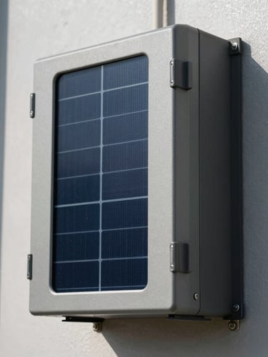 Extreme close-up of a heavy-duty weather-sealed hybrid solar inverter and battery storage enclosure mounted on an exterior wall under crisp daylight, highlighting metallic textures and industrial structural integrity