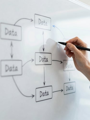 Close-up of hands drawing a structured diagram on a physical whiteboard in a bright office, illustrating data flow and predictive models. The diagram uses clean lines and subtle blue accents. Natural daylight illuminates the scene.