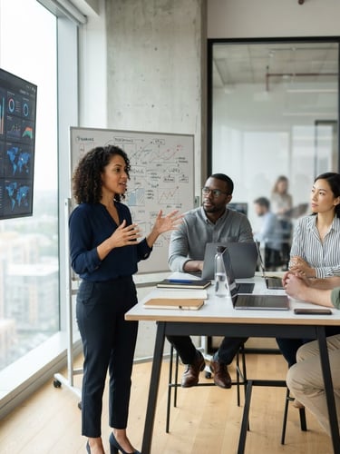 Bright, natural daylight shot of a diverse team of data analysts collaborating in a minimalist, modern office, looking at clean dashboard screens with structured data visualizations. One analyst is gesturing towards a whiteboard with a complex diagram, hands visible, shallow depth of field.