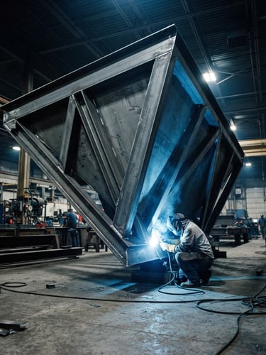 Low-angle dramatic shot of a massive steel hopper frame on a factory floor, intense blue welding arcs casting long shadows, cool metallic tones, 35mm lens