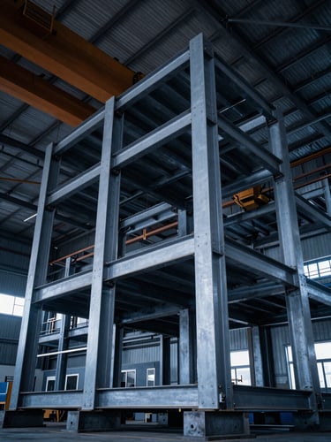 Low-angle shot of massive structural steel frames inside a high-ceiling industrial fabrication shop, overhead gantry crane, cool blue tones, 35mm lens