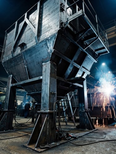 Low-angle dramatic shot of a massive custom steel hopper on a factory floor, intense welding sparks in the background, cool blue and metallic gray tones, 35mm lens