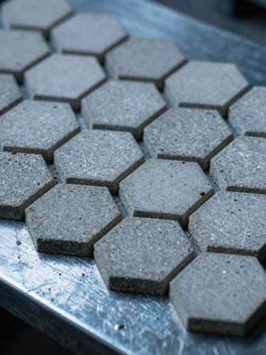 Macro close-up of hexagonal alumina ceramic tiles bonded to a thick steel plate, high-contrast workshop lighting, cool blue and metallic gray tones, 35mm lens.