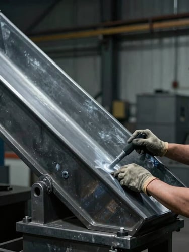 Side profile of a technician applying advanced wear-resistant lining to a steel chute, dramatic workshop lighting, cool metallic tones