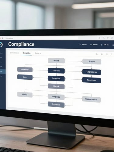 Straight-on UI display of a compliance dashboard, technical framework mapping on a screen, cool office daylight, sharp focus, 35mm