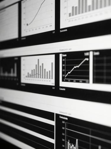 Extreme close-up of high-contrast digital screens displaying analytical charts and campaign metrics, harsh key light reflecting off the glass, deep shadows, sharp focus, 35mm film grain