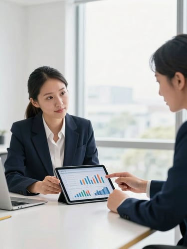 Bright modern collaborative workspace with two professional advisors discussing financial dashboards on a tablet, natural daylight, minimalist office setting