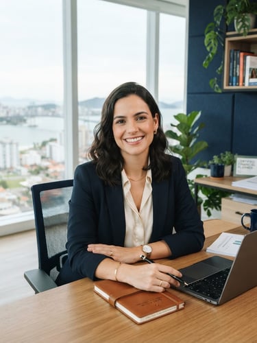 Professional portrait of a modern financial advisor in a bright Florianópolis office, soft coastal daylight, navy accents, warm smiling expression, medium shot
